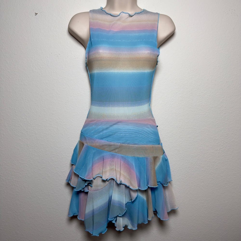 Women Y2K Indie Fairy Mini Dress Small Blue Chiffon Blue‎ Pink Ombre Mesh Cutout